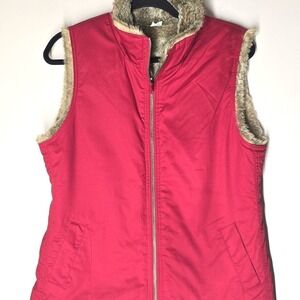 GAP Womens Red Faux Fur Reversible Full Zip Vest Sz Medium Y2K Cozy Cabincore